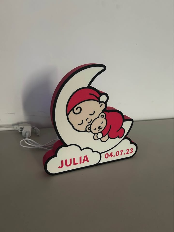 Veilleuse de naissance personnalisée – Lune et bébé endormi
