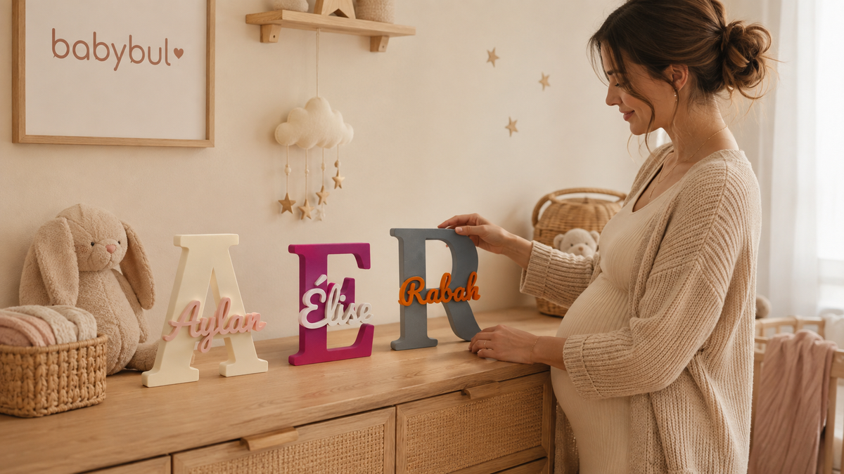 Lettres prénom 3D personnalisées sur une commode dans une chambre de bébé