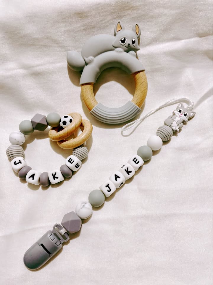 Hochet de dentition et porte-clé avec prénom